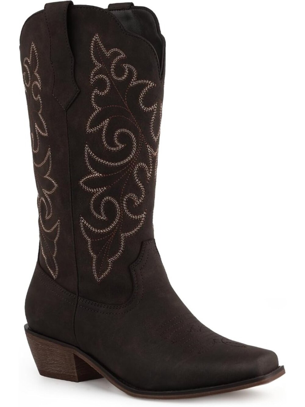 Women's Dark Brown Mid-Calf Cowgirl Boots Square Toe Chunky Heel Western Boots